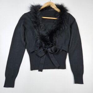 KAKO Black Wool Blend Turkey Feather Trim Bow Front Cardigan Sweater 38 Sexy